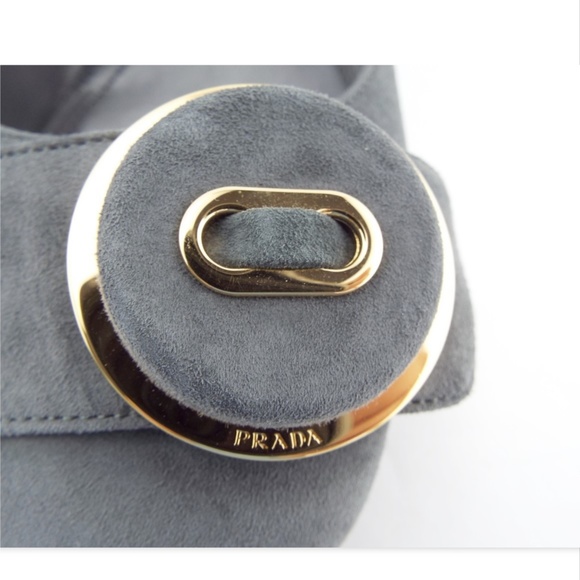 New PRADA Logo Detail Button Gray Suede Pumps 36.5 - Picture 2 of 8